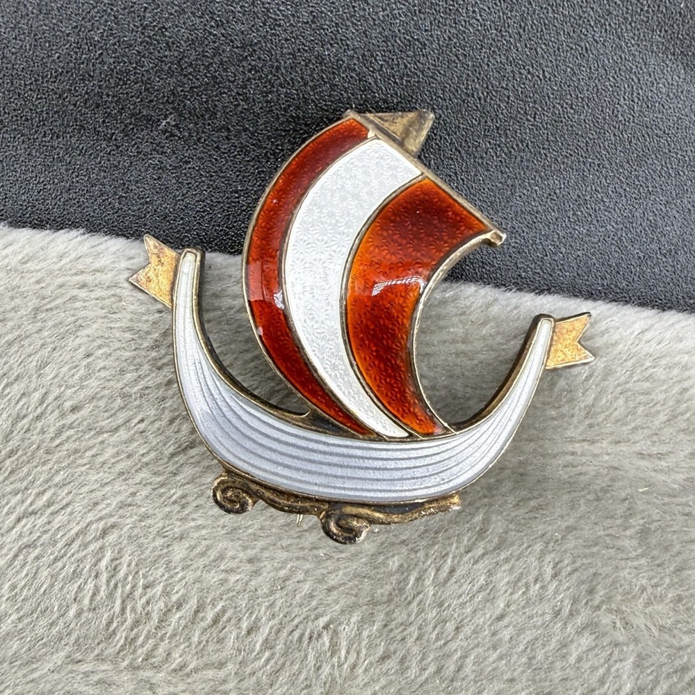 Vintage Norway Sterling Silver Brooch Enamel Ship Aksel Holmsen